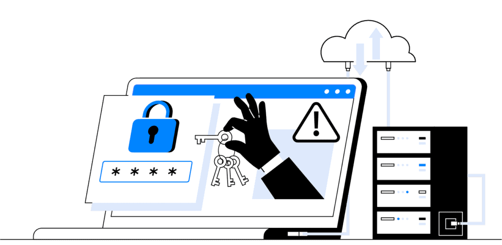 Cybersecurity and data protection concept with lock, keys, and warning symbols.