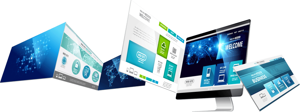 Multiple computer screens displaying IT support and website giveaway content.