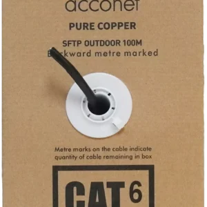 Acconet CAT6 UV Outdoor Ethernet Cable 100m Black Solid Core SF/TP Pull Box | CAT6U-100-SC