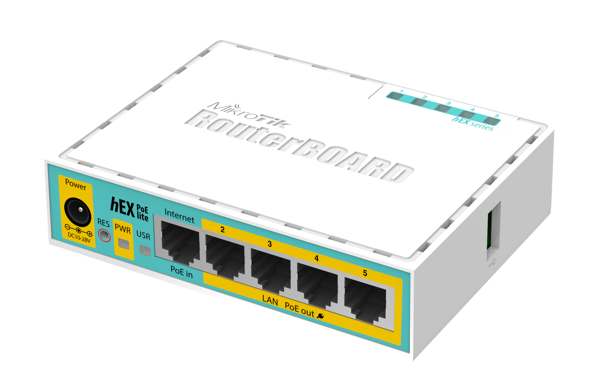 MikroTik hEX PoE Lite - Desktop PoE Router with 5 10/100 LAN ports and 1 USB port