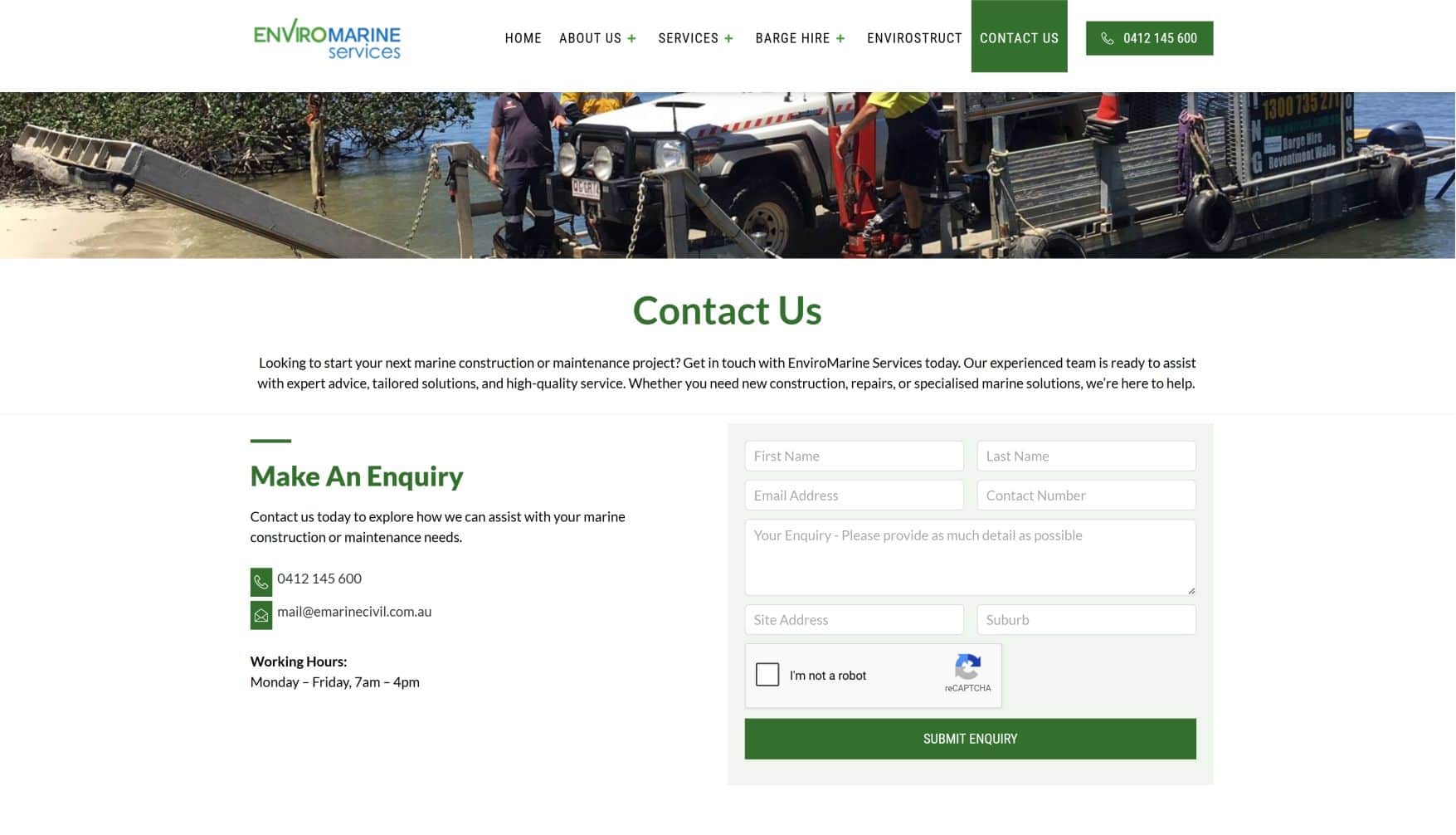 EnviroMarine Services contact page with marine construction and maintenance info.