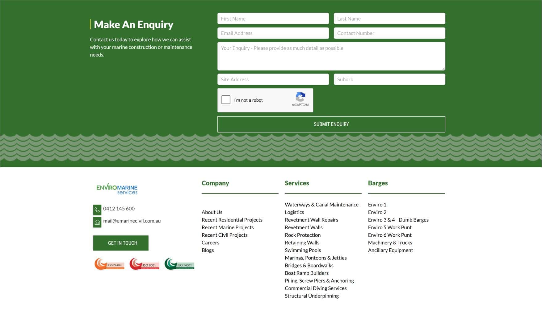 Environ Marine Services contact form for inquiries and support.