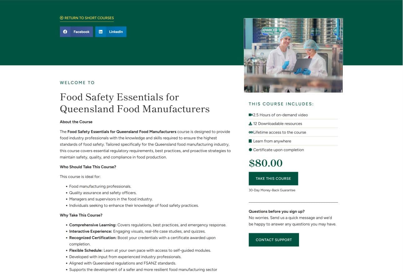 Food safety training course for Queensland food manufacturers with certification and support.
