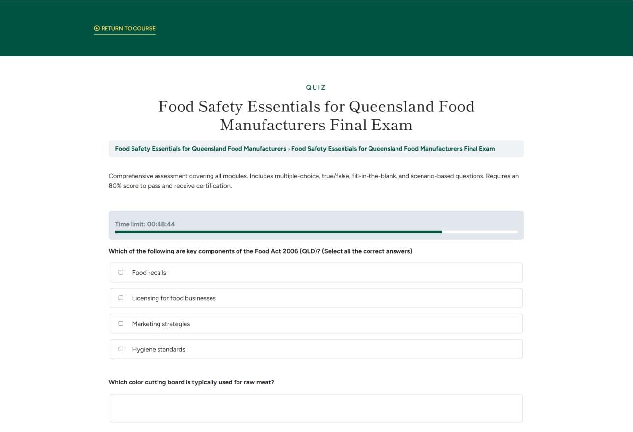 Screenshot of Food Safety Quiz for Queensland Food Manufacturers Final Exam.