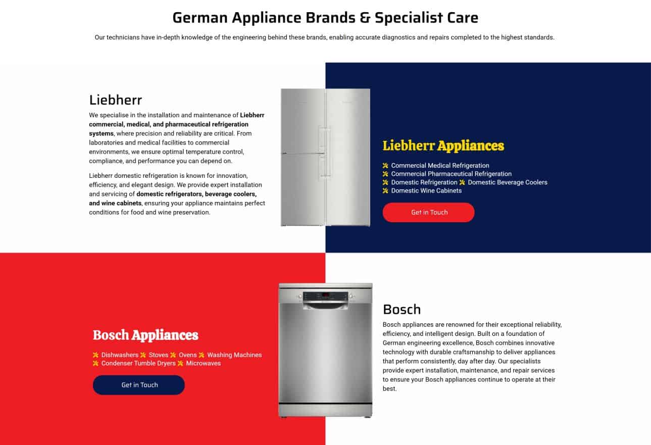 German appliance brands specialist care with Bosch and Liebherr appliances.