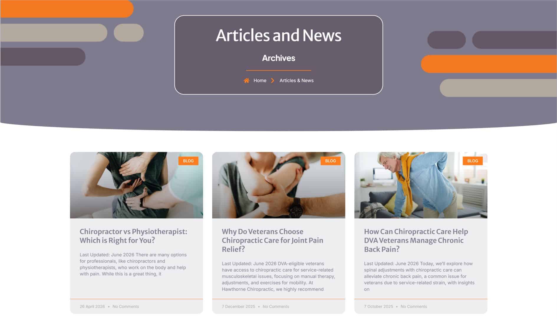 Screenshot of Articles and News page on Geeksoncall.co.za with blog posts about chiropractic care.