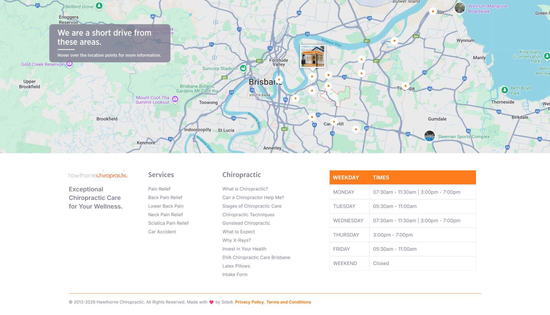 Map of Brisbane with location markers and a Geeks On Call IT Support icon.