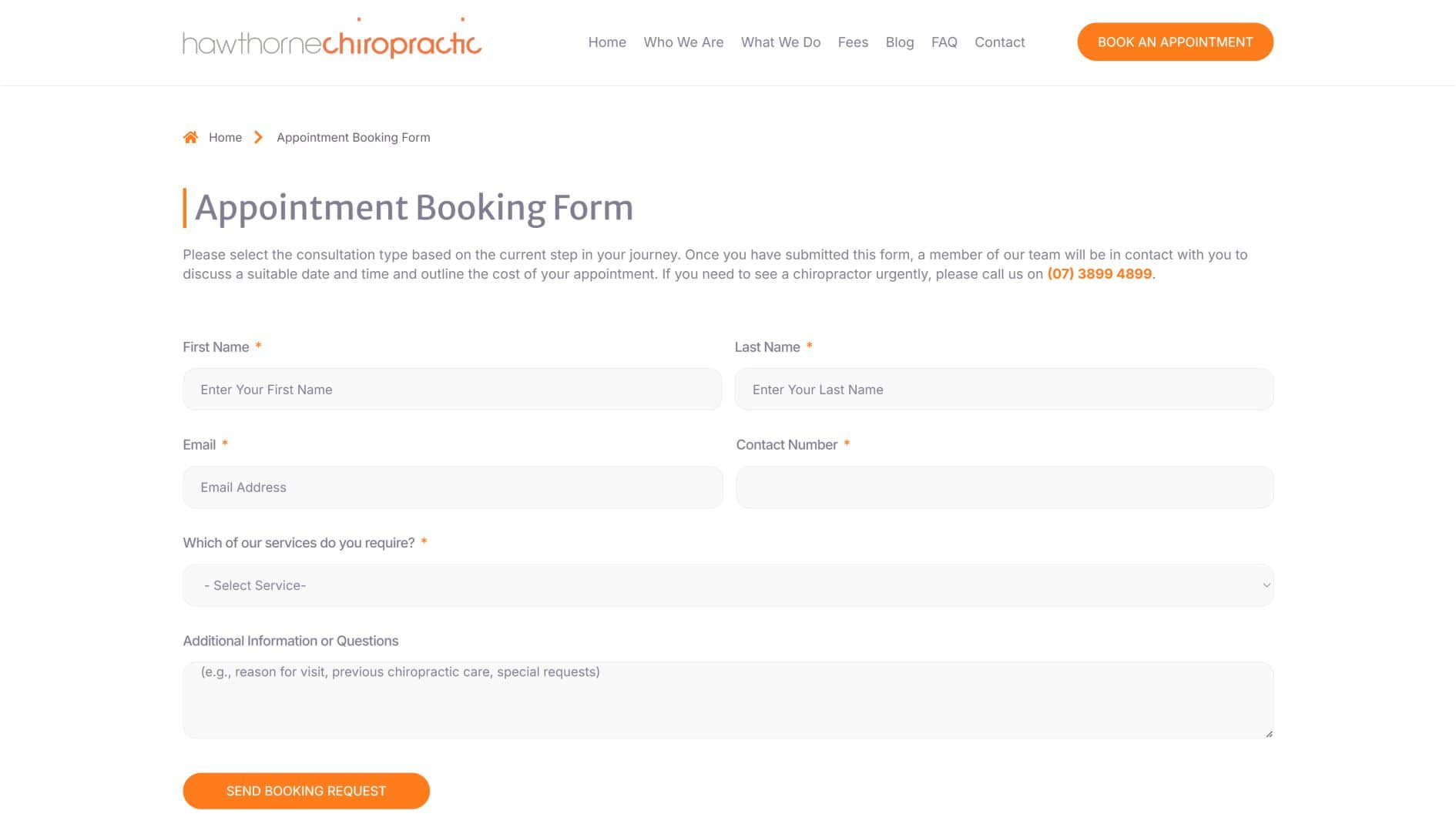 Chiropractic appointment booking form on Howthorne Chiropractic website.