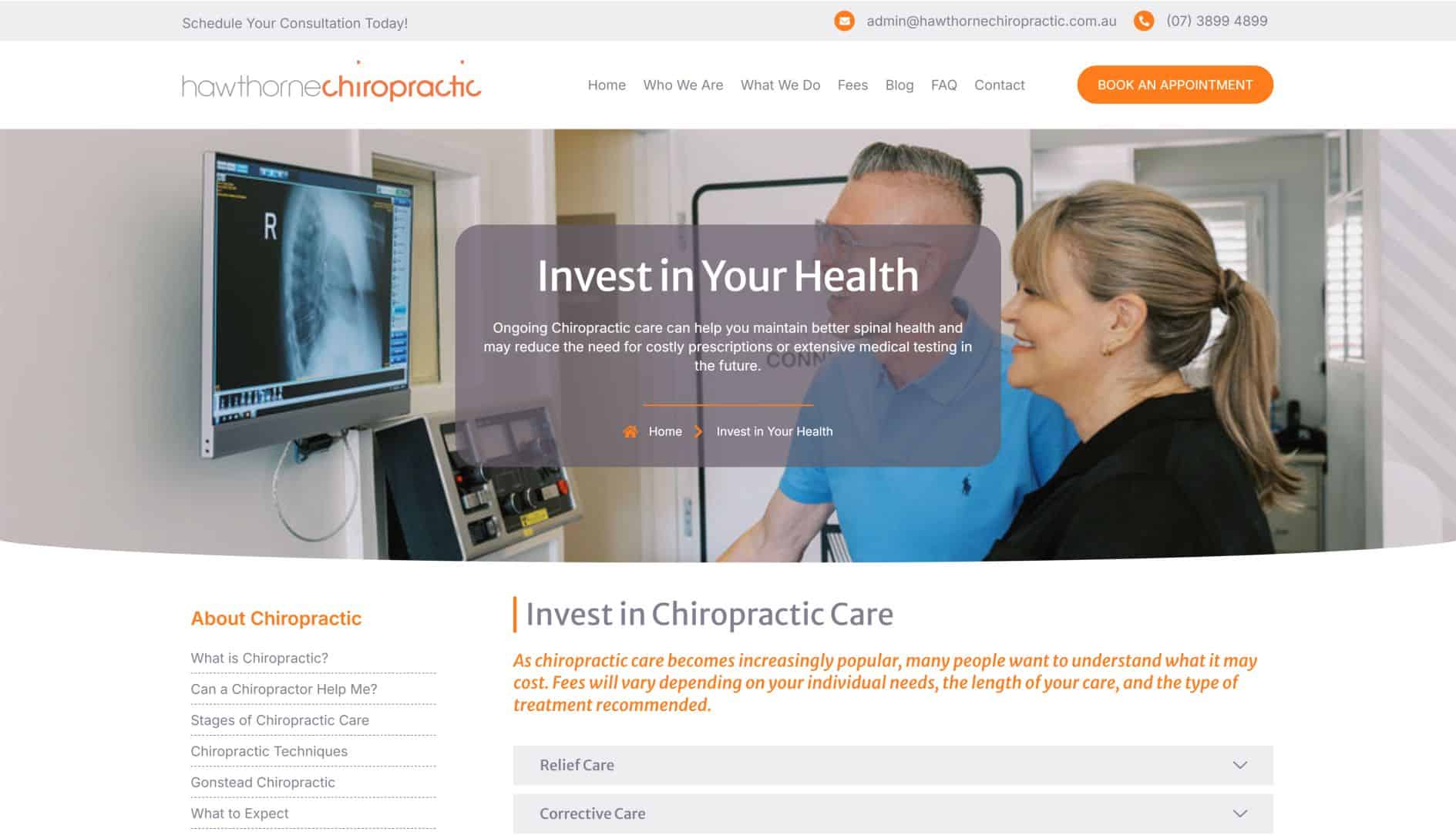 Chiropractic consultation with a healthcare professional and patient in a clinic setting.
